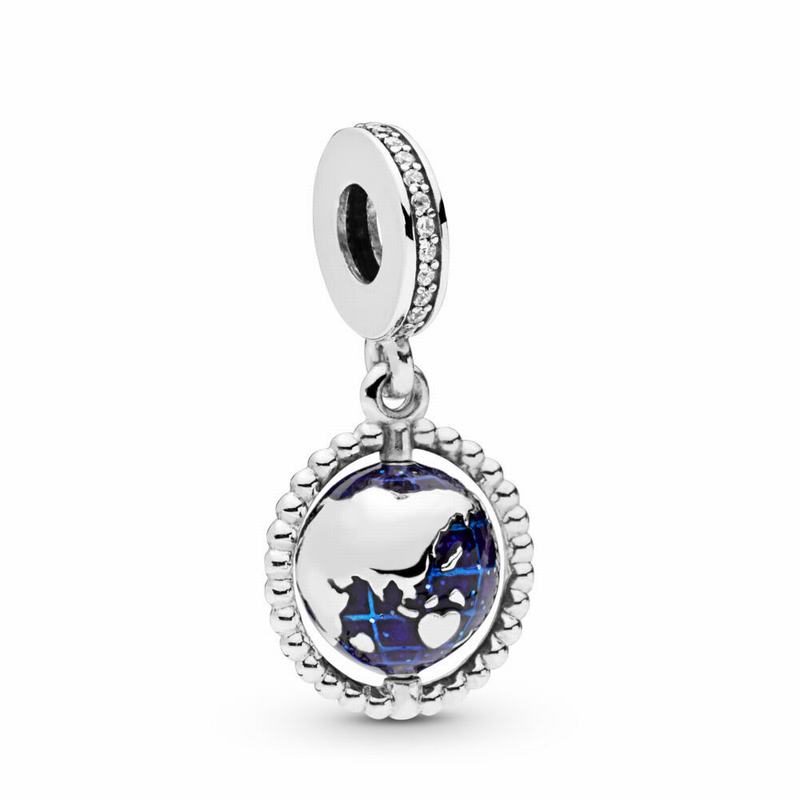 Pandora Spinning Globe Dangle Charm Ireland - Sterling Silver/Enamel/Blue/Cubic Zirconia - 258704PGI